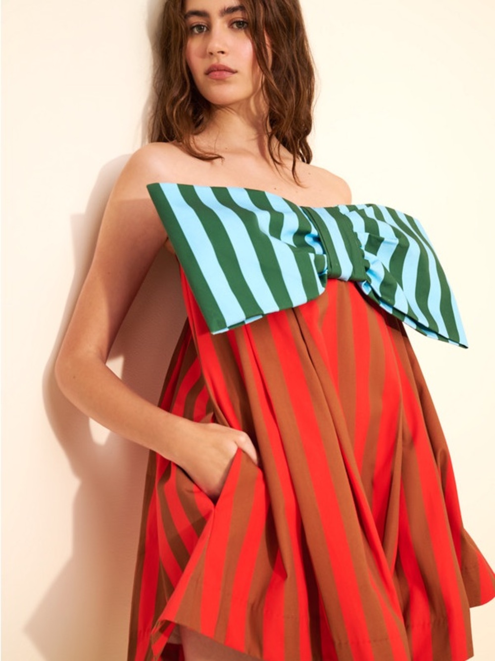 HELLO BOYKO Striped Strapless Mini Dress with Accent Bow - Red, Brown & Green